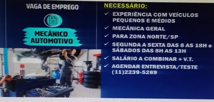 VAGA PARA MECÂNICO AUTOMOTIVO - ZONA NORTE/SP