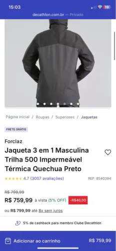 Jaqueta Anorak 3 em 1 Masculina Trilha 500 Impermeável Térmica Quechua Preto