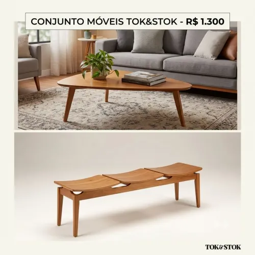 Conjunto Mesa de Centro Triangual + Banco 3 Lugares Tok&Stok (Linha Madeira)