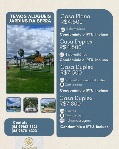 Casas para alugar a parti de 4.500 no cond. jardins da serra