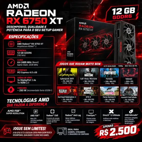 Placa de Video AMD RADEON RX 6750XT 12GB Gaming GDDR6
