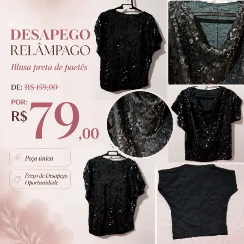 Blusa de Paetê Preta Drapeada Elegante (Desapego)