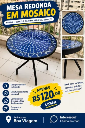 Mesa Redonda de Mosaico Azul Usada - R$ 120 | Boa Viagem