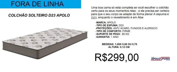 Colchão solteiro espuma d23 apolo - frete grátis