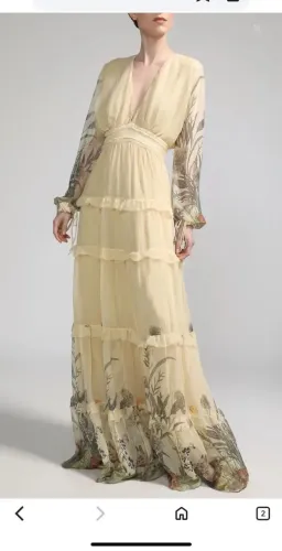 Vestido Cruise Longo Babados Bege 100% seda.