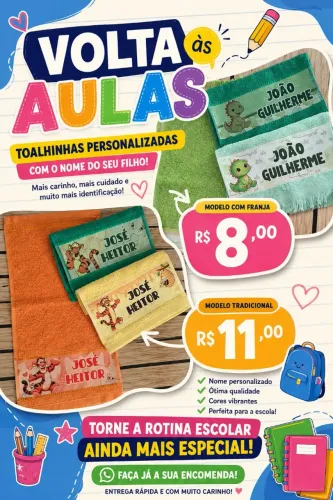 Toalhinha Personalizada Escolar lancheira a partir $8