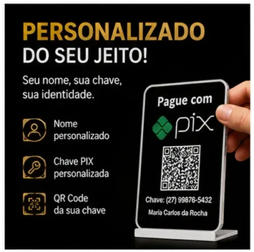 Placa Pix Personalizada 10x14cm Em PLA Preto e Branco Com Base, QR Code, Nome e Chave