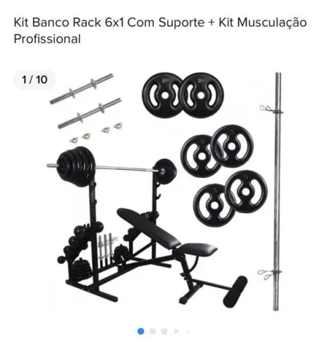Kit Banco Rack 6x1 com Suporte + Kit Musculação Profissional
