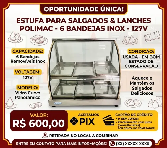 ESTUFA PARA SALGADOS POLIMAC - 6 BANDEJAS