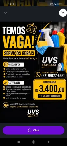 Serviços Gerais | Vaga PJ | R$ 3.400 mensais