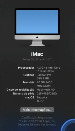 iMac Retina 5k 27 2017 Core I7 4.2ghz 40gb Ssd 500gb