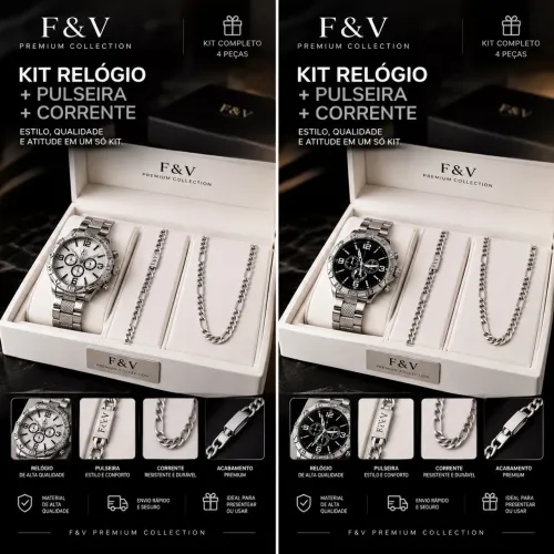 Kit relógio prateado + pulseira inoxidável + corrente inoxidável