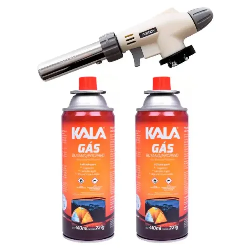 Kit Maçarico Longo com Gatilho e Regulador de Chama Anti-Vento Lotus + 2 Refil de Gás