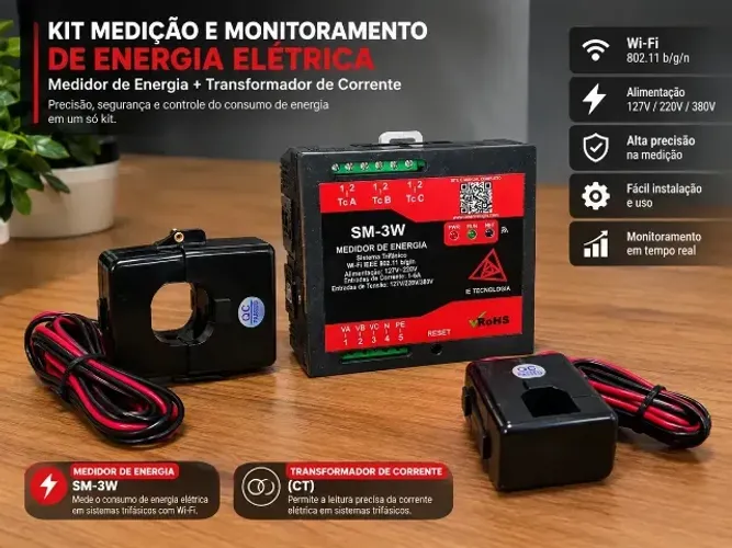Medidor de Energia Trifásico Wi-Fi SM-3W + 2 TCs Bipartidos 200A/5A