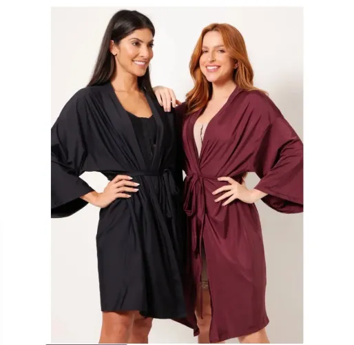 Roupão Robe Contour Slim Vinho Marsala Acetinado com Bolso porta Dreno