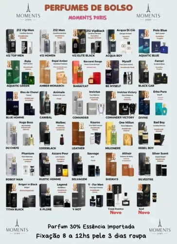 Perfume de Bolso 15ml Moments Paris - 212 Men, Sauvage, Invictus, Árabes e outros. Confira