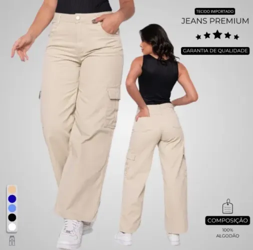 Calça wide leg cargo pantalona bege feminina