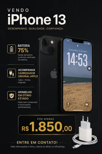 iPhone 13 128GB Azul Escuro ? R$ 1.850 | Bateria 75% + Carregador Original