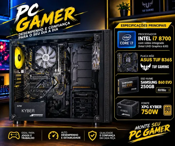 Setup com Processador i7 8700, Placa Mãe Asus tuf b365, Memória ddr4 2x8GB 2666 mhz.