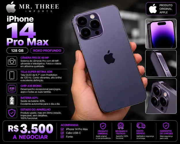 iPhone 14 Pro Max 128GB Roxo | 83% Bateria | Impecável