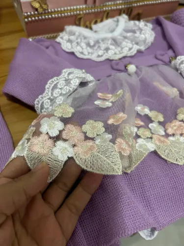 Saída de Maternidade Menina Vestido Recem Nascido Trico 5 Peças Tam P 0 a 3 Meses