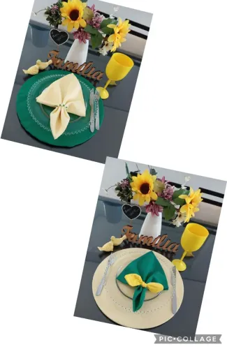 Conjunto de mesa posta verde e amarelo