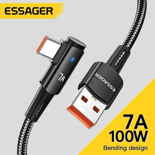 Cabo Carregador Usb Tipo C Curvado Turbo Essager 100w 7a 1Metro