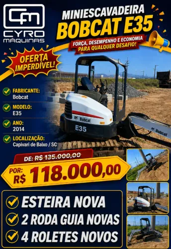Miniescavadeira Bobcat E35 - 2014 - Corrente nova e rodas guia novas