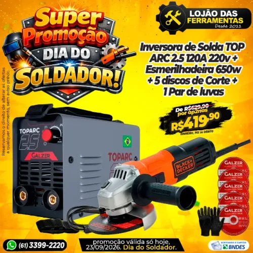 Super Promoção Dia do Soldador Inversora + Esmerilhadeira 650w + 5 Discos + Par de luvas