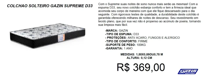 Colchão solteiro gazin d33 - compre hoje e receba amanhã 