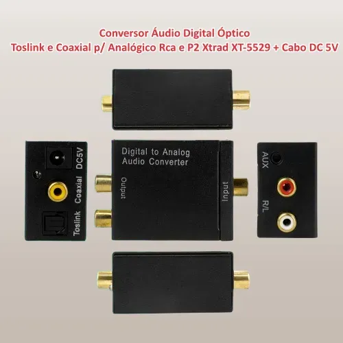  Conversor Áudio Digital Óptico Toslink e Coaxial p/ Analógico Rca e P2 Xtrad XT-5529 