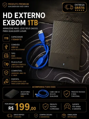 ? HD Externo Exbom 1TB USB 3.0 por apenas R$ 199,00!