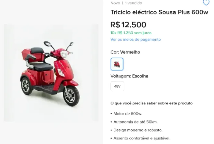 Triciclo Elétrico Plus 600w Sousa Idoso / Adulto PCD Zero KM