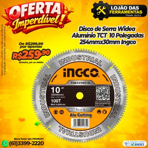 Disco de Serra Widea Alumínio TCT 10 Pol 254mmx30mm Ingco
