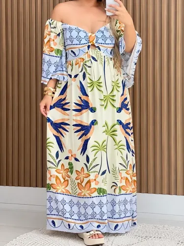 Vestido Longo Plus Size Estampado com Bojo - Usado 1 Vez
