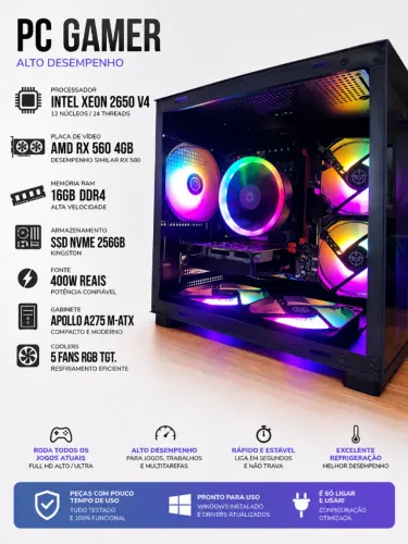 PC GAMER XEON 12C/24T + AMD RX 560 4GB + 16GB DDR4 | RGB | PC NOVO