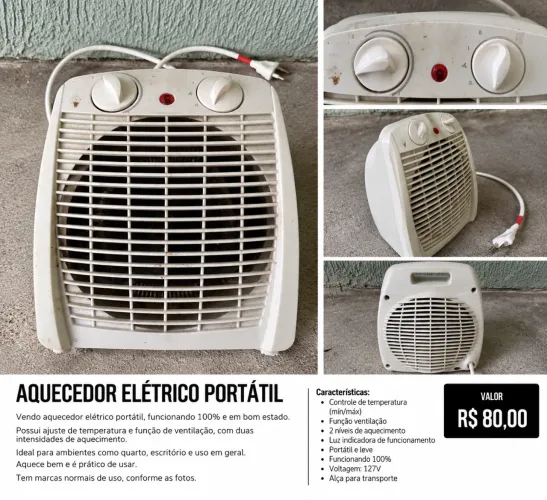 Aquecedor Elétrico Portátil com Termostato - 2 Níveis de Aquecimento - Funcionando 100%