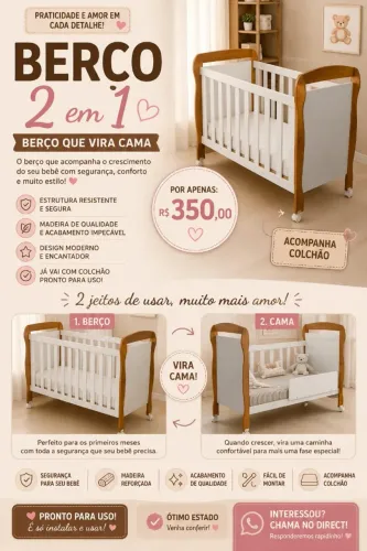 Berço que vira cama, seminovo, pouco usado, parcelo no cartão de crédito com taxinha