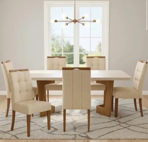 Conjunto Vivare 6 Lugares Cinamomo Off White com Vidro e Cadeiras Linho Bege