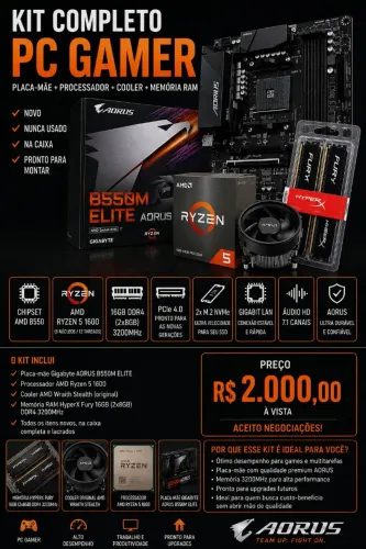 Kit PC Gamer Ryzen 5 1600 + B550M AORUS Elite + 16GB DDR4 | Novo na Caixa
