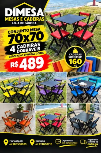 Conjunto estofado 4 cadeiras dobráveis+ mesa 70x70