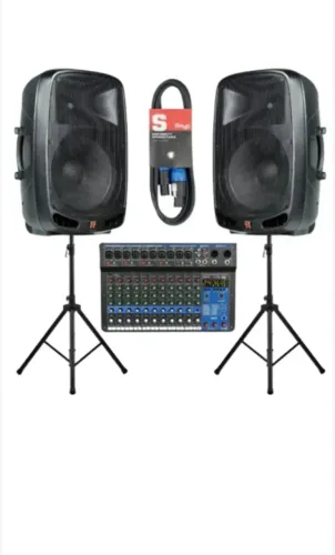 Kit 2 Caixa Acústica Staner Bluetooth 150W 12" PS-1201 + Suporte + Mesa de som + Cabo