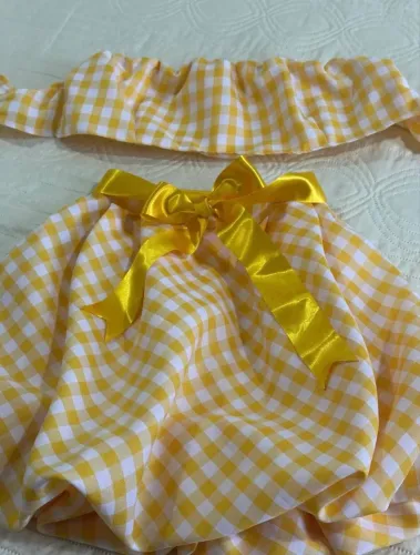 Saia balonê e top amarração xadrez amarelo e branco P 