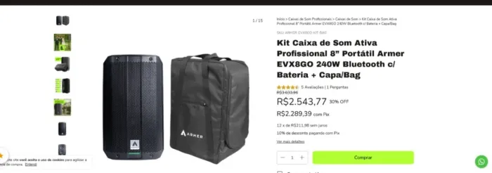 Kit Caixa de Som Ativa Profissional 8? Portátil Armer EVX8GO 240W Bluetooth c/ Bateria