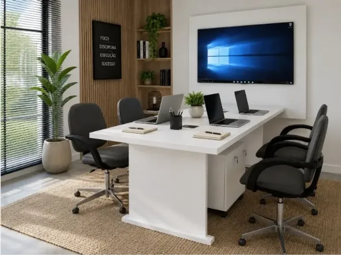 Mesa de Reunião Com Painel. Simply White Delluxe: L182cm x P80cm x A74cm.