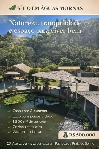 Sítio com casa em Águas Mornas ótima localização e fácil acesso. Ideal p quem quer tranqu