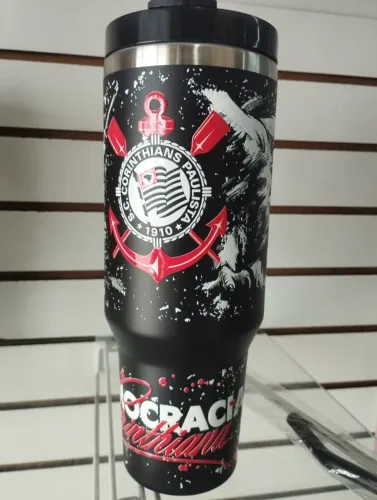 Copo Térmico Corinthians 1L Aço Inox Com Alça Tampa Resistente Bebida Quente e Fria