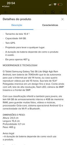 Tablet Samsung S6 lote impecável