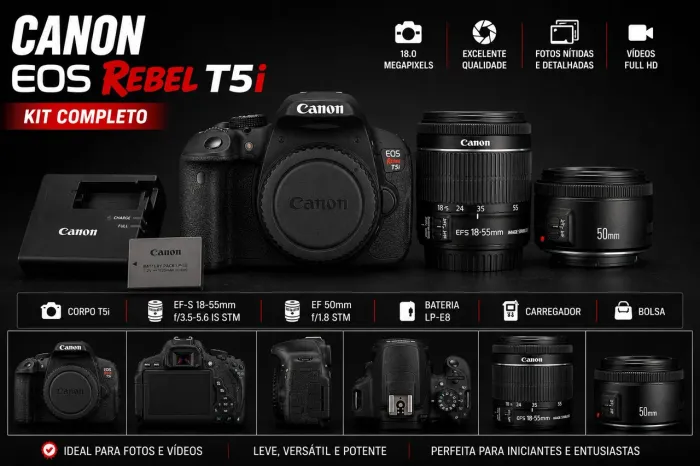 Câmera Canon EOS Rebel T5i + Lentes 18-55mm STM e 50mm STM