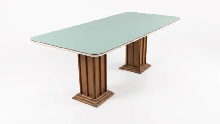 32 - Mesa de Jantar de Luxo de 2,20x1,10 | Tampo de Vidro Off White | Base Madeira